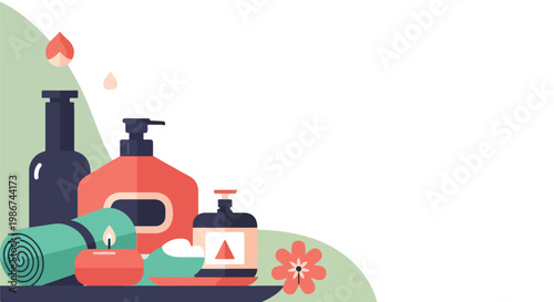 This flat vector illustration features a collection of spa essentials like lotion bottles, a rolled towel, and a lit candle on a clean background.