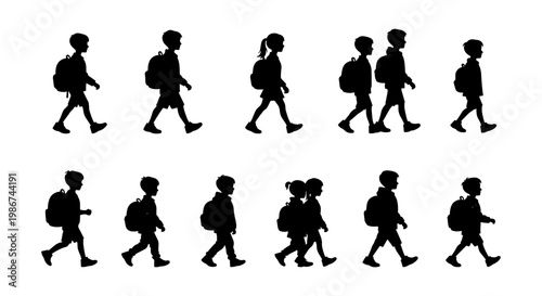 School children silhouettes with backpacks, set of 12 student vector figures walking to class, primary school kids going to school back view
