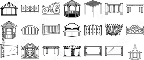 Various outdoor structures and fences in a collection of line drawings