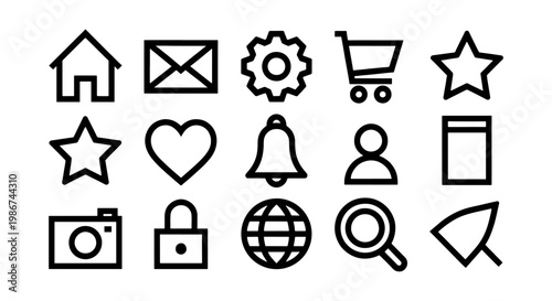 Minimalist black line web icons, set of 15 universal interface symbols for mobile apps, clean outline vector graphics for website navigation and UI design