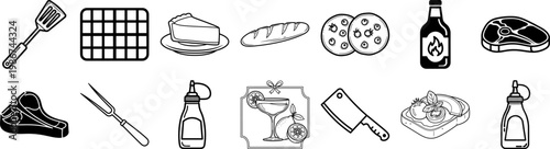 Black and white line drawing of various food and drink icons and utensils