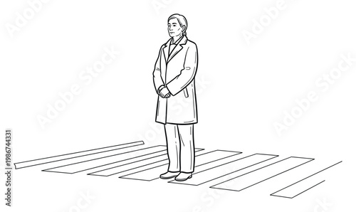 Solemn figure in a long trench coat stands patiently on a pedestrian crosswalk with hands clasped, ideal for illustrating urban waiting, public safety, and contemplative moments in various