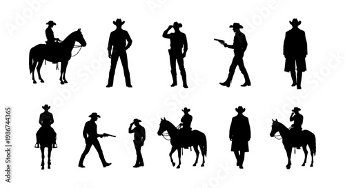 Western cowboy silhouettes set, wild west gunfighter and horse rider vector icons, outlaw and sheriff characters for ranch and frontier designs