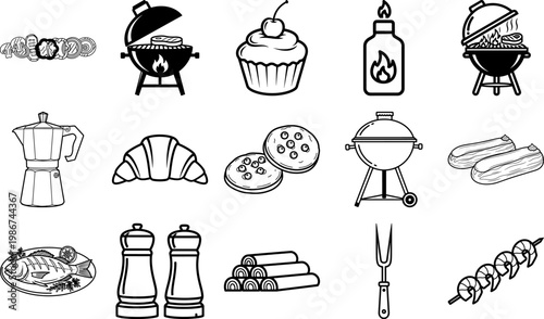 Collection of various food and cooking related line icons and objects on white