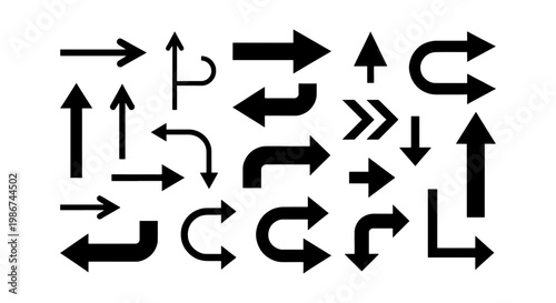 Black arrow icon set, minimalist directional vector symbols, simple navigation pointers for web design, 21 graphic elements for interface and signage