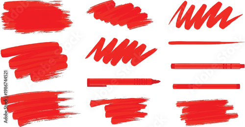Red Marker Stroke and Highlighter Set - Hand Drawn Scribble Texture Vector