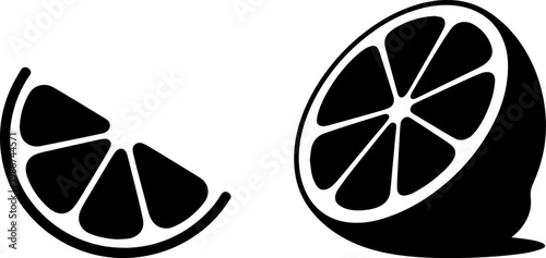 A black and white illustration of a halved lime and a sliced lemon
