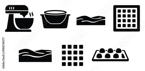 Set of kitchen themed glyph icons for food preparation processes including mixing, pouring, and baking ideal for menu graphics or educational cooking materials.