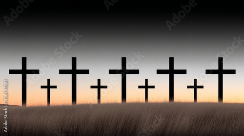 A row of black crosses stands silhouetted against a soft twilight sky over a grassy field. This somber and reflective scene evokes themes of faith, remembrance, and quiet solemnity.