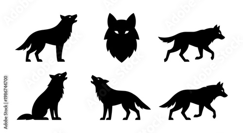 Black wolf silhouette collection, 6 wild animal vector elements, howling and walking timber wolf icons, predator head and body shapes