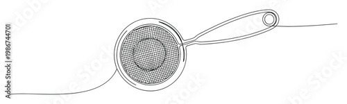Elegant continuous line drawing of a kitchen tea strainer, perfect for culinary blogs, recipe card designs, and kitchen equipment advertisements