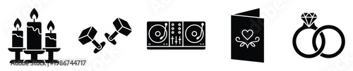 Stylish silhouette symbols for romantic celebrations and elegant events featuring burning candles, designer cufflinks, a DJ mixing console, heartfelt invitation, and wedding rings for
