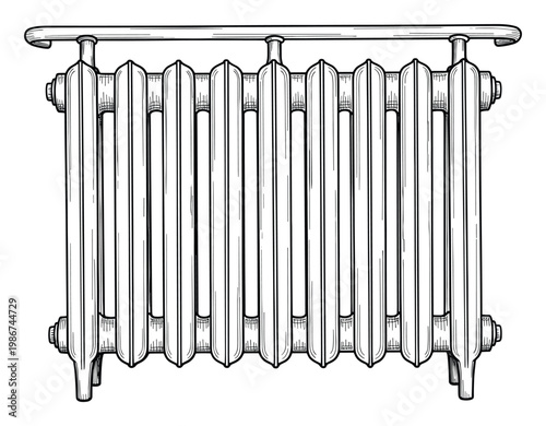 Detailed line art drawing of a classic cast iron radiator with multiple sections and a top rail, ideal for architectural project visualizations and home improvement blogs