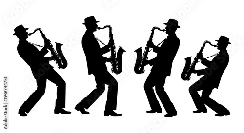 Jazz saxophone player silhouettes, black music performer vector set, musicians in fedora hats playing sax instruments, elegant jazz band elements