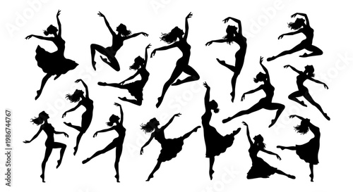Graceful ballet dancer silhouettes, set of 14 female dancing figures in motion, elegant black vector silhouettes of ballerinas performing contemporary dance