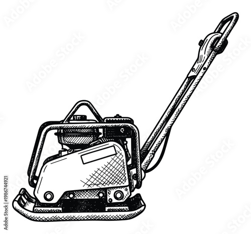 Hand drawn illustration of a vibratory plate compactor construction machine, an essential tool for compacting soil and gravel in building and landscaping projects.