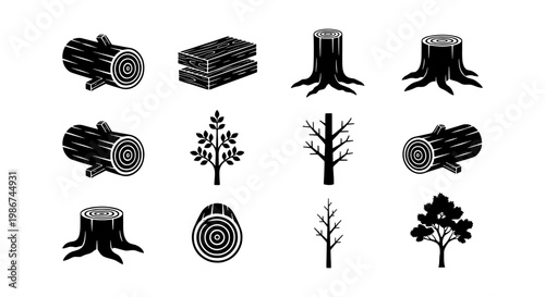 Wood lumber and timber industry icons, set of 12 black vector elements. Tree logs, stumps, and wooden planks for forestry and carpentry design.