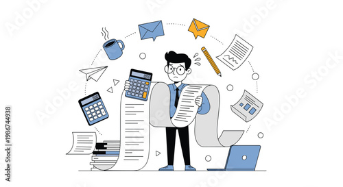 Stressed businessman in a messy office environment is overwhelmed by a mountain of paperwork, bills, and digital tasks.