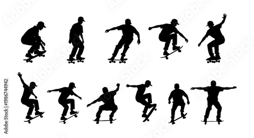 Skateboarder silhouette vector set, 11 active skateboarding figures in motion, black skater silhouettes performing tricks and jumps on white background