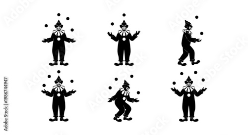 Vintage circus clown juggling balls vector set, black and white harlequin silhouettes, retro carnival performer icons for entertainment design