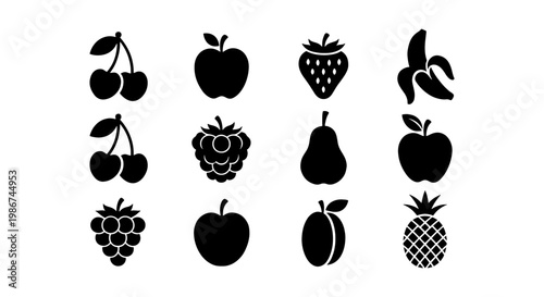 Minimalist fruit icon set, black silhouette fruit symbols for grocery branding, collection of 12 organic food vector illustrations on white background