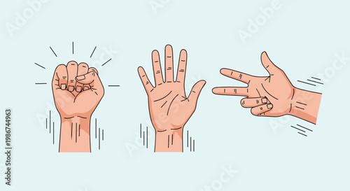 Set of human hands demonstrating the gestures for the popular rock paper scissors game against a light blue background.