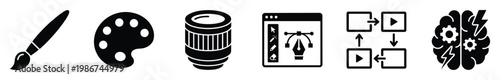 Dynamic black and white icons symbolizing creative arts photography digital design workflows and innovative intelligence for technology business and educational presentations