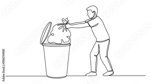 Person disposing of garbage by placing a tied trash bag into an open lid rubbish bin illustrating waste management and household chores for hygiene and environmental themes
