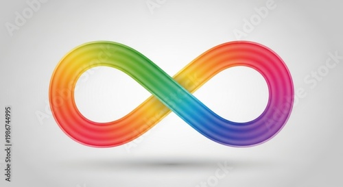 A vibrant rainbow-colored infinity symbol on a gray background with a subtle shadow effect underneat