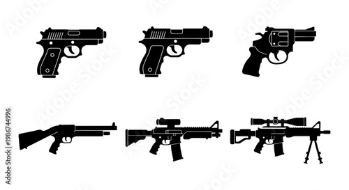 Black firearm silhouette icons set, 6 modern handguns and rifles vector collection, military weapon symbols for gaming and security design