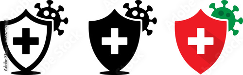 Healthcare shields symbolizing protection against viral threats with a swiss cross motif