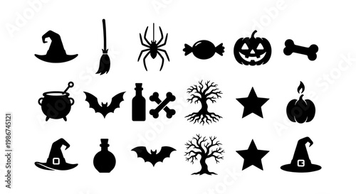 Halloween silhouette icons set, spooky black vector elements for holiday design, 18 occult and magic symbols including pumpkin, bat, and witch hat