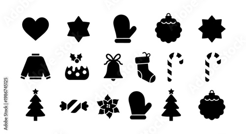 Christmas silhouette icon set with 18 black vector elements, winter holiday symbols including trees and ornaments, festive seasonal graphic collection