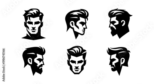 Barbershop logo icons with masculine male portraits, set of 6 vector silhouettes of men with stylish haircuts and beards, grooming salon branding