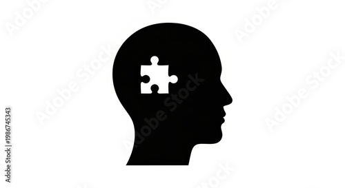a black silhouette of a human head with a puzzle piece in the brain area on a plain white background