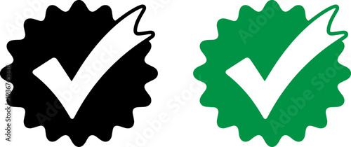 Two contrasting checkmark icons with a gear-like border design in black and green.