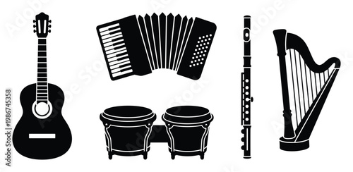 Collection of diverse musical instruments including guitar accordion flute harp and bongo drums perfect for music education and entertainment themes
