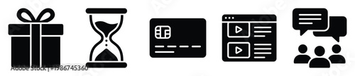 Essential business and technology icons for digital services and online platforms featuring reward incentives, time management, secure financial transactions, multimedia content, and social