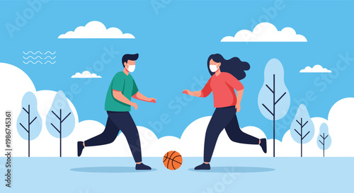 Man and woman wearing face masks play with a basketball in a park during a sunny day with clouds and trees for recreation.