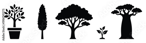 Collection of diverse tree silhouettes representing various growth stages and species, perfect for ecological projects, nature conservation, gardening applications, and educational materials
