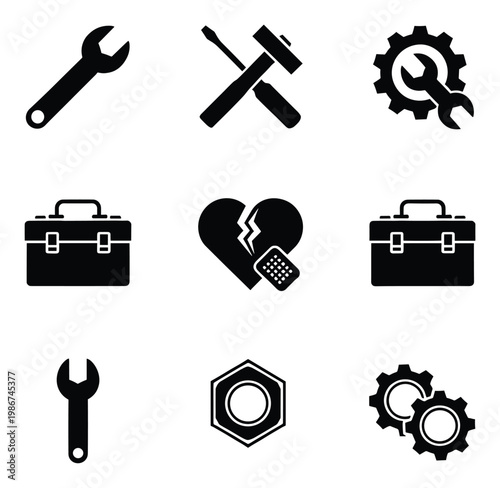 Diverse collection of essential tools icons including wrenches, gears, screwdriver, hammer, toolbox, and a symbolic broken heart, representing repair, maintenance, and problemsolving
