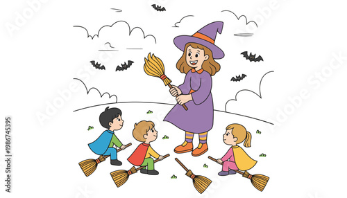 A witch teaches children to fly on broomsticks on a spooky Halloween night