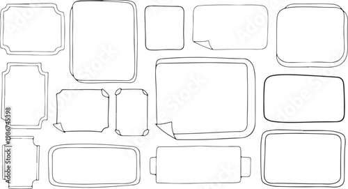 Collection of a variety of black hand-drawn vector frames and borders. With a clean, thin-line "sketchy" aesthetic, rectangular and ornate shapes, some including subtle "folded corner" details.