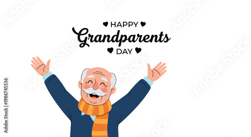 Happy elderly man with a mustache and scarf raises his arms in excitement to celebrate Grandparents Day with joy.