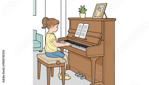 A young girl playing a brown upright piano at home
