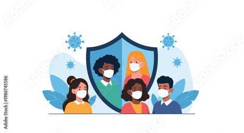 Group of diverse people wearing face masks stands behind a large blue shield that protects them from floating virus particles.