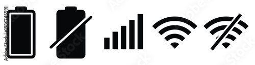 Essential mobile device status icons including battery charge level cellular network signal strength and wireless internet connectivity symbols for user interface design and modern