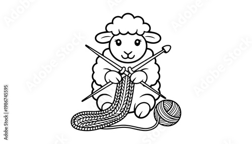 A sheep icon illustration knitting with yarn and needles vector