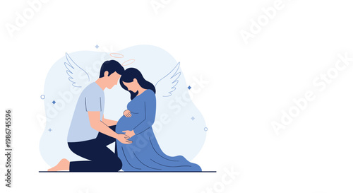 Man kneels before a pregnant woman with angel wings as they share a spiritual and tender moment of anticipation for their baby.