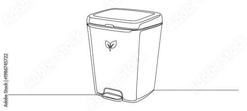Continuous single line drawing of a modern rectangular recycling bin with a foot pedal and an ecofriendly leaf logo perfect for illustrating waste management and sustainability concepts